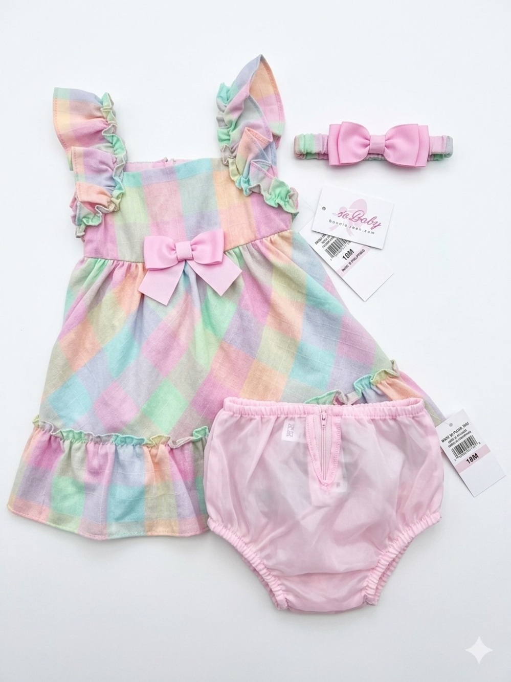 NWT Bonnie Baby 3-Piece Pastel Plaid Dress Set with Headband - 18M - Picture 2 of 11